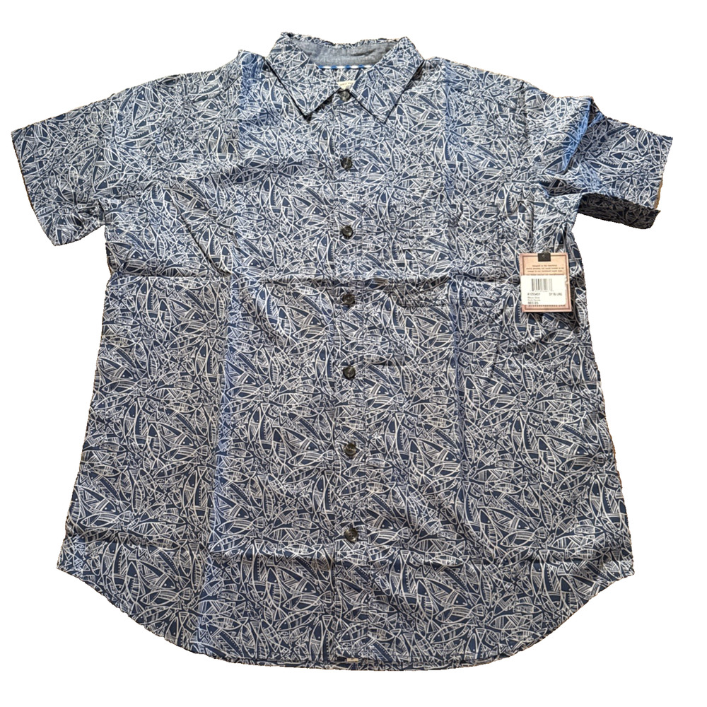 Old Ranch Shirt Mens Large Blue Plaid Short Sleeve Button Up Marlin Print Cotton